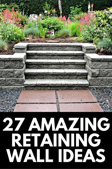 Retaining walls are an excellent option for hilly yards, and in this article, we share 27 of our favorite retaining wall ideas! Read more at OwnTheYard.com! Retaining Wall Ideas With Steps, Concrete Retaining Walls Ideas, Garden Retaining Walls Ideas, Cement Retaining Wall Ideas, Small Retaining Wall With Steps, Brick Retaining Wall With Steps, Multi Level Retaining Wall Ideas, Brick Landscaping Ideas Retaining Walls, Landscape Ideas Retaining Wall