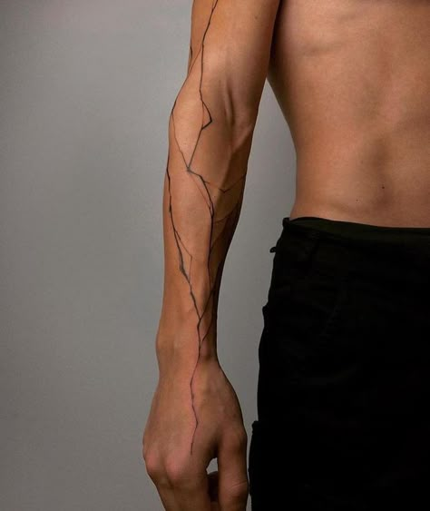 Lighting Tattoos Men, Tattoo Ideas For Men Lightning, Men Arm Line Tattoo, Men Arm Tattoo Ideas Half Sleeves, Lines On Arm Tattoo, Lighting Sleeve Tattoo, Lighting Arm Tattoo, Lines Tattoo Men, Vein Tattoo Ideas