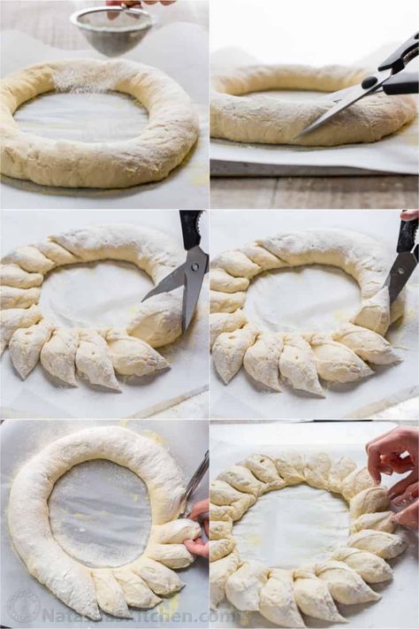 How to Make a Wreath Bread with DIY video! Wreath bread has a crisp crackly crust and super soft center. Surprisingly easy and impressive for Christmas! | Natashaskitchen.com Wreath Bread, Bread Wreath, Bread Recipe Video, Bread Scoring, Oven Bread, Dutch Oven Bread, Make A Wreath, Christmas Bread, Bread Shaping