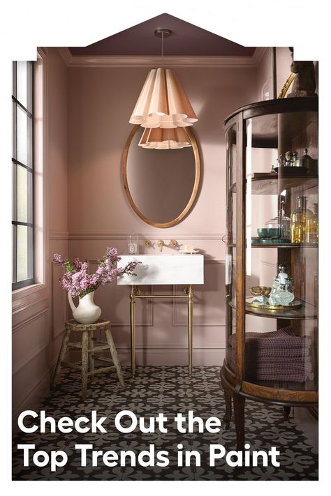 From creamy neutrals to bold and bright - check out the top trends in paint for 2023! Mauve Restroom Ideas, Mauve Tile Bathroom Ideas, Mauve Laundry Room Ideas, Glamour Paint Sherwin Williams, Sherwin Williams Glamour Paint, Mauve Bathroom Paint, Mauve Powder Room, Mauve Laundry Room, Sherwin Williams Glamour