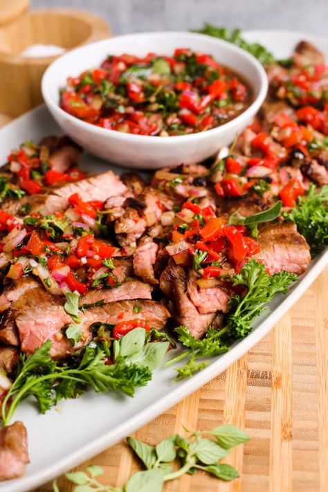 Skirt Steak with Roasted Red Pepper Relish Easy Skirt Steak Recipes, Roasted Red Pepper Salsa, Red Pepper Relish, Skirt Steak Recipes, Pepper Salsa, Pepper Relish, Roasted Red Pepper, Grilled Steak, Skirt Steak