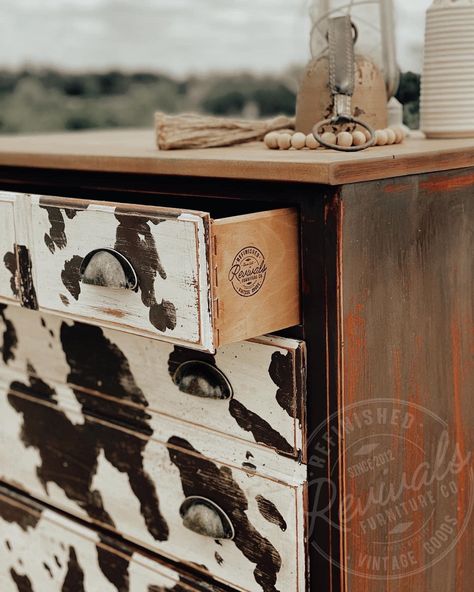 Cow Print Dresser Drawers, Aztec Painted Dresser, Cowhide Dresser Diy, Dresser Makeover Western, Diy Refurbished Night Stand Ideas, Western Painted Dressers, Refurbished Western Furniture, Western Dresser Makeover, Redone Furniture Before And After