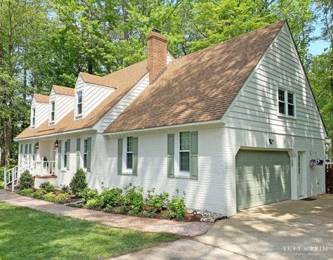 Painted Brick House Exterior Red Roof, White House With Tan Roof, Limewash Cottage, White And Brick House Exterior, Light Brown Roof Exterior Colors, White Brick Colonial House, White House Brown Roof, Limewashed Brick Exterior, Avorio White Limewash