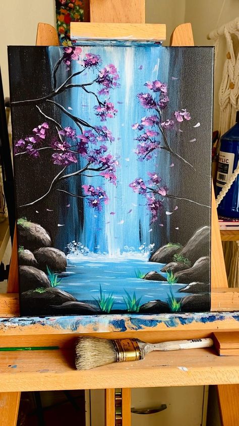 Painting On Canvas For Beginners, Canvas Painting For Beginners, Acrylic Art Projects, Sky Art Painting, Waterfall Paintings, Simple Canvas Paintings, Canvas Painting Tutorials, Canvas For Beginners, Painting For Beginners