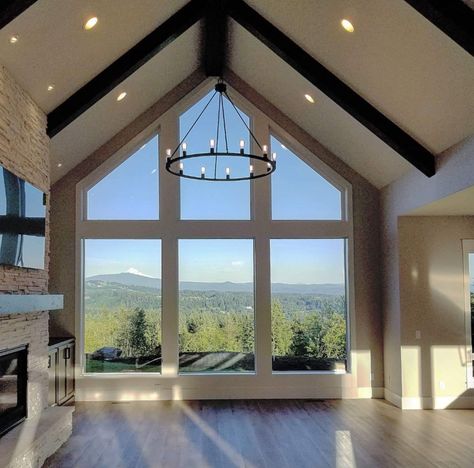 Not a bad view. #pnwlife #pnwhomes #pnwrealestate #homes #roomwithaview Barndominium Window Wall, Barndominium Big Windows, Great Room Windows Vaulted Ceiling, House With Big Windows Exterior, A Frame Windows, Home With Large Windows, Big Windows Living Room, Barn Style House Plans, Dream Life House