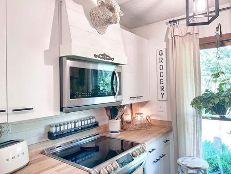 Cottage Kitchen With Over the Range Microwave Cabinet Ideas - Soul & Lane Microwave Cabinet Ideas, Laundry Room With Sink Ideas, Microwave Over The Range, Laundry Room With Sink, Organize Clutter, Small Bathroom Storage Solutions, Shiplap Kitchen, Over The Range Microwave, Blue Laundry Rooms