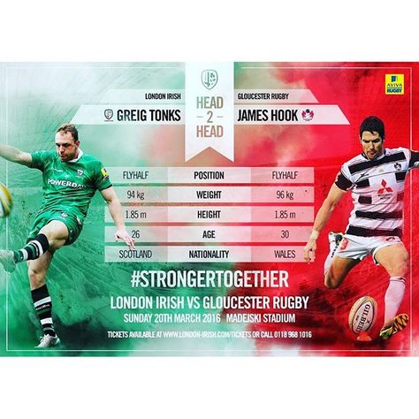 Head 2 Head: London Irish take on Gloucester Rugby this Sunday 20th March when the Aviva Premiership returns to the Madejski Stadium (3pm kick-off). Come down and support the team and be part of our St Patrick's Day celebrations! #StPatsLI #StrongerTogether #rugby #statistics #infographic #tickets #stpatricksday #stpaddysday #flyhalf #AvivaPrem Statistics Infographic, Gloucester Rugby, St Pats, Age 30, St Paddys Day, Gloucester, Sports Design, St Patrick’s Day, The Team