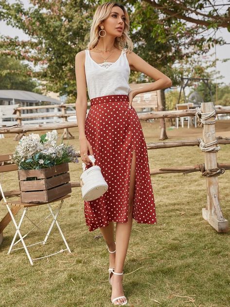 Split Thigh Polka Dot Skirt | SHEIN USA Split Midi Skirt Outfit, Brown Polka Dot Skirt Outfit, Red Polka Dot Skirt Outfit, Polka Dots Skirt Outfit, Dots Skirt Outfit, Polka Dot Skirt Outfit, Dot Skirt Outfit, Red Polka Dot Skirt, Polka Dots Skirt