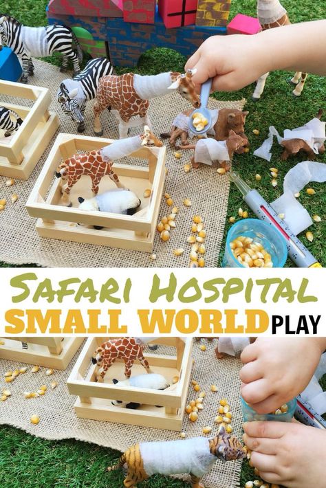 Safari Animal Hospital SMALL WORLD PLAY with wet wipe bandages | A language boosting imaginative play activity for toddlers & preschoolers! Great for social skills too! | http://www.acraftyliving.com Invitation To Play, Animal Activities, Small World Play, Toddler Play, Safari Theme, Reggio Emilia, Dramatic Play, Animal Hospital, Sensory Bins