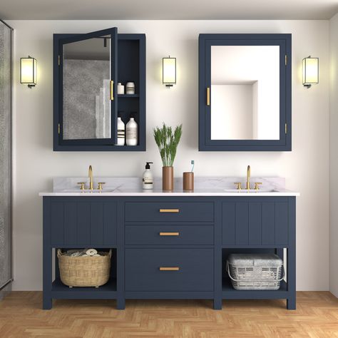 Product Overview: ✔ Quality Solid Wood Craftsmanship ✔ Partially Assembled ✔ Distinct Storage Choices ✔ Timeless Resilient Marble Countertop ✔ 1-Year Product Assurance Bring pure magic into bathroom storage with our Fenney 84 Inch Bathroom Vanity with Double Sink Space. This cultured modern bathroom vanity with its deep navy-blue finish and luxuriant marble countertop, redefines the very essence of elegance. Notice how seamlessly it organizes into three drawers, stylish cabinet doors, and open s Navy Bathroom Vanity Ideas, Open Shelving Bathroom, 2 Sink Bathroom Vanity, Wood Modern Bathroom, 84 Inch Bathroom Vanity, Modern Double Sink Bathroom Vanity, Dining Bench With Storage, Large Bathroom Vanity, Wood Craftsmanship