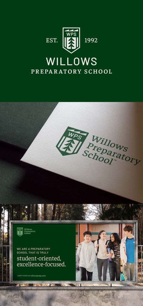 Creative Chameleon Studio - Brand Redesign For Willows Preparatory School – A pencil and bookmark, two images that instantly evoke the idea of education, are built into the logo’s icon. At its heart lies a pine tree, grounding the school in its Pacific Northwest roots. Crowning the icon is a silhouette of the school’s three-peaked building. Together, these elements compose a powerful and recognizable school crest that’s simple, yet deeply layered and nuanced. – #branding #branddesign School Typography Design, Private School Branding, Education Branding Design, School Crest Design, Academic Branding, School Branding Design, Educational Branding, School Logo Ideas, Elementary School Logo