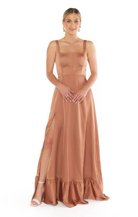 Clarissa Corset Dress ~ Copper Luxe Satin – Show Me Your Mumu Copper Bridesmaids Dresses Lulus, Terracota Bridesmaid Dress Satin, Bridemaid Dress Terracotta, Light Rust Color Bridesmaid Dresses, Copper Tones Bridesmaid Dresses, Carmel Prom Dresses, Copper Bridesmaids Dresses Color Palettes, Warm Toned Bridesmaids Dresses, Carmel Colored Dress