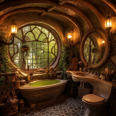 Hobbit House Interior Inspiration, Lotr Bathroom, Hobbiton Aesthetic, Hobbit Bathroom, Green Aesthetic House, Treehouse Bathroom, Rhea Goddess, Hobbit Cottage, Fairy Bathroom