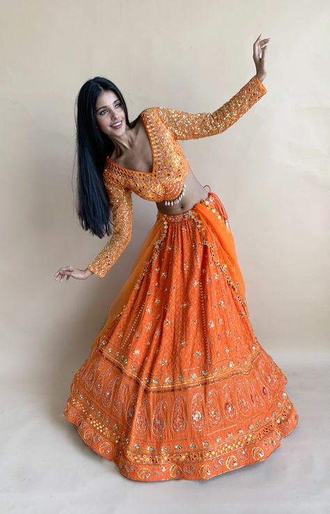 Yoshita Couture Orange Chickankari Lehenga Lehenga With Mirror Work, Couture Lehenga, Lucknowi Lehenga, Sequins Lehenga, Chikankari Lehenga, Orange Lehenga, Scalloped Blouse, Full Sleeve Blouse, Cancun Wedding