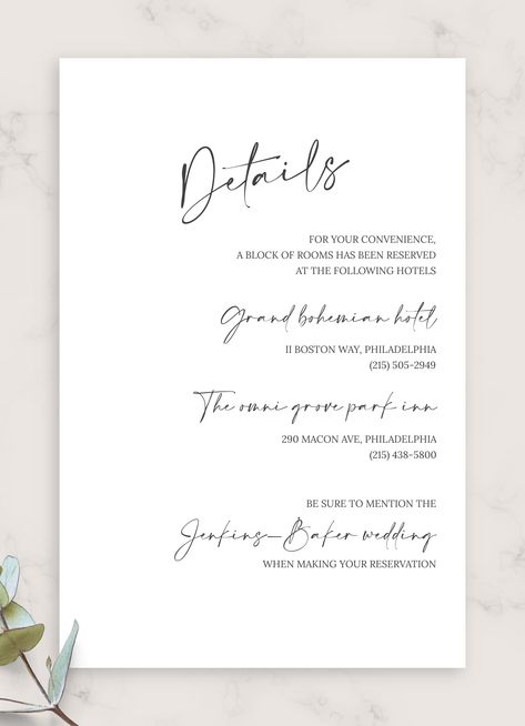 Simple Script Formal Wedding Details Card is designed to become an informative addition to your wedding invitation that would inform your invited guests about all the important details including hotel and venue address, transportation details, i.e. directions or map, time of the ceremony, etc. Details Page Wedding Invitation, Your Invited, Shower Foods, Wedding Details Card, Shower Food, Baby Shower Food, Wedding Stationary, Farm Wedding, Formal Wedding