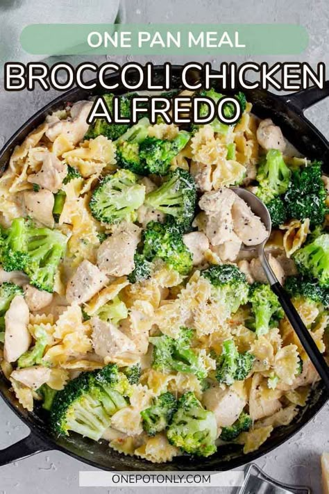 One Pot Only Broccoli Chicken Alfredo Skillet Broccoli, One Pot Chicken Broccoli, Broccoli Chicken Alfredo, Chicken Broccoli Alfredo Pasta, Chicken Broccoli Pasta Recipes, Chicken Bowtie Pasta, Broccoli Alfredo Pasta, Broccoli Pasta Recipe, Chicken Broccoli Pasta