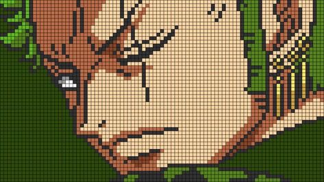 Crochet Zoro One Piece, Zoro One Piece Alpha Pattern, Tapestry Crochet One Piece Anime, One Piece Tapestry Crochet, One Piece Pixel Art Grid, One Piece Cross Stitch, Pixelart Anime, Image Pixel Art, Kawaii Cross Stitch