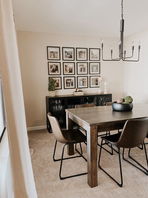 Wood Dining Table With Brown Leather Chairs, Metal Sideboard, Brown Leather Chairs, Modern Farmhouse Dining Room, Dining Inspiration, Modern Farmhouse Dining, Concrete Dining Table, Leather Dining Room Chairs, Leather Chairs