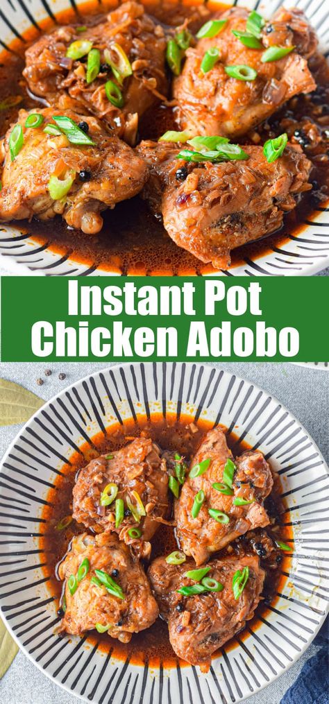 Instant Pot Chicken Adobo - a Filipino comfort food made with chicken thighs. Tender thighs coated in a sweet and savory glaze with a kick of heat from black peppercorns taste absolutely delicious. Keto Dinner Chicken, Chicken Breast Instant Pot Recipes, Chicken Adobo Recipe, Filipino Chicken Adobo, Chicken Adobo, Adobo Recipe, Adobo Chicken, Dinner Chicken, Instant Pot Recipes Chicken