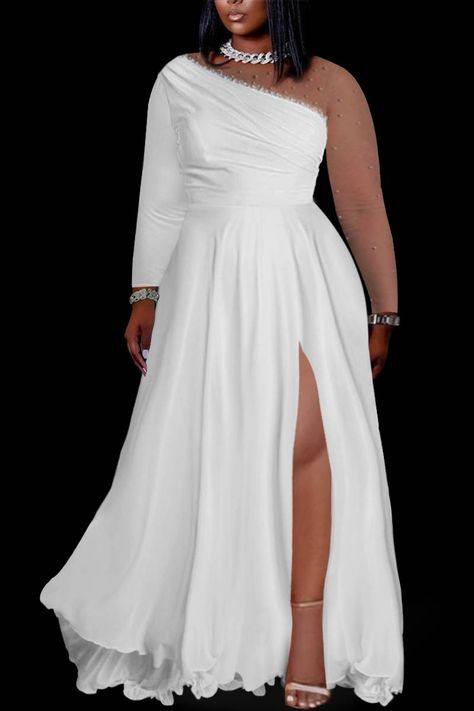 Xpluswear Plus Size White Dress Formal, Plus Size Satin Dress, Plus Size Sequin Dress, All White Party Dresses, Winter Tips, White Evening Gowns, White Dress Formal, Wedding Gowns With Sleeves, Plus Size White