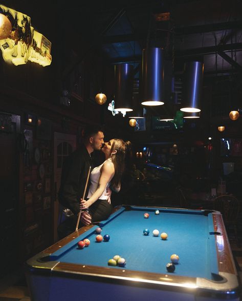 Pool Table Photoshoot, Bar Engagement Photos, Engagement Themes, Photography Storytelling, Portland Wedding Photographer, Portland Wedding, Fantasy Photography, Couple Photoshoot Poses, Candid Wedding Photography