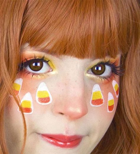 Candy Corn Makeup Ideas, Candy Corn Witch Costume, Candy Corn Makeup Halloween, Candy Corn Face Paint, Candy Face Paint, Candy Corn Makeup, 1st Period, Candy Corn Witch, Candy Corn Costume