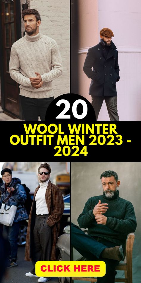 This winter, make a statement with a wool winter outfit for men in 2023-2024 that balances warmth and style. Start with a black wool coat that exudes elegance while keeping you snug. Layer a grey flannel shirt underneath for added insulation and flair. Pair it with brown wool trousers to achieve a timeless and versatile appearance. Complete your look with black leather boots for a refined touch. This outfit seamlessly merges comfort and fashion, making it suitable for a variety of occasions. Wool Shirts For Men, Men Winter Outfits 2024, Mens Winter Fashion 2024, Mens Winter Date Night Outfit, Men’s Outfit Inspo Winter, Winter Looks For Men, Winter Wear Men, Winter Style For Men, Men New York Outfits Winter