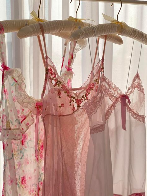 Feminine Lingerie, Coquette Wardrobe, Nightgown Aesthetic, Pink Coquette Nightgown For Bedtime, Coquette Nightgown With Built-in Bra, Summer Party Coquette Nightgown, Jeanne Paquin, Coquette Lingerie Sets, Coquette Lingerie Sets Aesthetic