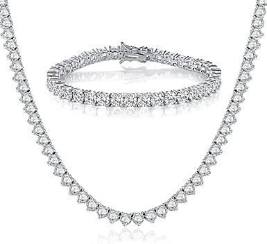 Tennis Chain18K White Gold Plated 4.00 Round Cubic Zirconia Bracelet and Necklace Sets for Women Men Tennis Jewelry, Cubic Zirconia Bracelet, Sterling Silver Initial, Necklace Sets, Women's Jewelry Sets, Rose Quartz Ring, Tennis Necklace, Diamond Chain, Cheap Jewelry