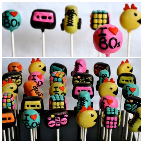 80's cake pops - by Keeya 80s Theme Cake Pops, 80s Cake Pops, Extreme Cupcakes, 80s Party Foods, Retro Cookies, 80s Cake, 80's Theme Party, 80s Birthday, 80s Party Decorations