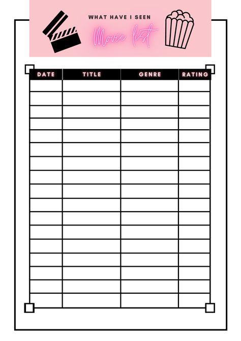 free printable movie list tracker (table) Movie List Template, Movie Journal Template, Movie Tracker Template, Movie Tracker Printable, Moving List, Body Systems Worksheets, Digital Paper Freebie, Movie Tracker, Boulet Journal