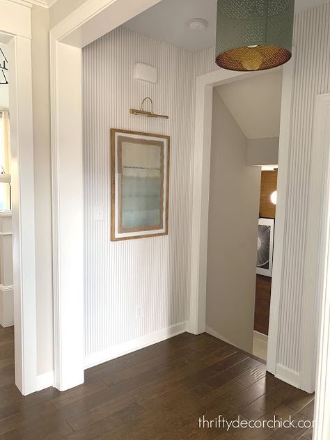 The POWER of wallpaper {don't be afraid} Striped Wallpaper Hallway, Wallpaper Foyer, Pinstripe Wallpaper, Foyer Makeover, Wallpaper Hallway, Recessed Can Lights, Can Lighting, Hallway Wallpaper, Thrifty Diy