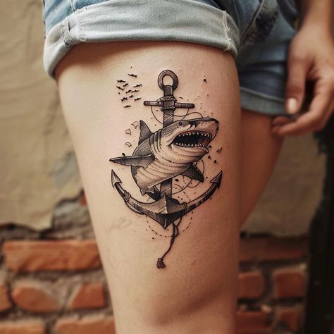 Shark and anchor tattoo idea. Check my profile for more tattoo designs. . . . . . . . . . #sharktattoo #anchortattoo #nauticaltattoo #oceantattoo #seacreaturetattoo #underwatertattoo #realistictattoo #blackandgreytattoo #tattoosleeve #armtattoo #inkedlife #sharkweek #nauticallife #traditionaltattoo #neotraditionaltattoo #watercolortattoo #oceanicart Shark Tattoo Design Drawings, Shark And Anchor Tattoo, Traditional Bear Tattoo, Anchor Tattoo Meaning, Pirate Ship Tattoo, Any Tattoo, Skull Hand Tattoo, Anchor Tattoo Design, Special Tattoos