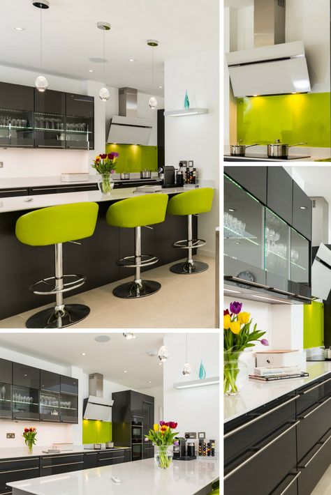 The lime green bar stools and splash back gives this room the fresh and light look. We love the colours of this project Lime Green Bar Stools, Lime Green Kitchen Ideas, Lime Green Kitchen, Gray Kitchens, Future Mansion, Green Bar Stools, Green Kitchen Designs, Green Kitchen Decor, Green Bar