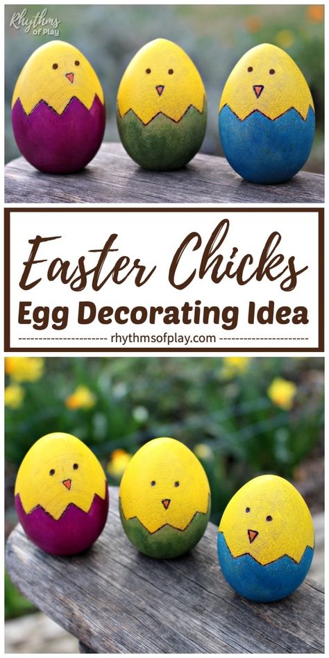 Cute Easter Chicks! Kids love to find colorful Easter eggs, like this easy wooden egg decorating idea, in Easter Baskets and on Easter Egg Hunts. This easy spring chick Easter craft can be made with paint pens or a woodburning tool and watercolors. | #EasterCraft #EasterEgg #EasterIdea #DIYEaster #EggDecorating Wooden Eggs Crafts, Martha Stewart Crafts, Easter Egg Crafts, Egg Crafts, Easter Craft, Wooden Eggs, Coloring Easter Eggs, Easter Colors, Cute Easter