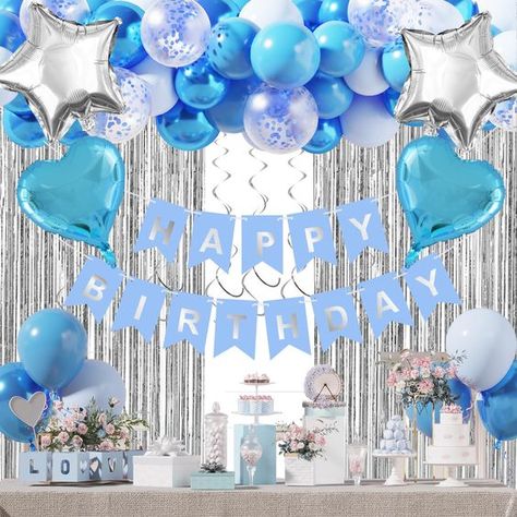 PRICES MAY VARY. Birthday Decoration Kit includes: 1 Blue and silver happy birthday banner, 32pcs latex balloons(light blue, macaron blue, metal blue) (12 inches), 8pcs metal blue confetti balloons (12 inches), 4pcs foil balloons (heart and star) (18 inches), 2 silver tassel curtains (3.28 X 6.56 feet), 6pcs silver hanging swirls, 1 x roll of glue (100 points in total), 1 x ribbon,1 x decorative strip. Quality Birthday Party Decorations: Each set of blue birthday decorations are carefully checke Blue Birthday Party Decorations, Blue Macaron, Blue Birthday Party, Blue Birthday Parties, Blue Confetti, Balloon Lights, Tassel Curtains, Garland Arch, Kids Gift Guide