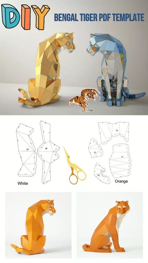 Bengal Tiger Papercraft PDF Template, Low Poly DIY Sculpture Bengal tiger is sitting. Strong animal in a calm pose waiting for a delicious snack. Large polygonal model, medium difficulty. 37 pages A4 PDF Diy Sculpture, Diy Paper Toys, Recycled Paper Crafts, Craft Projects For Adults, Tiger Crafts, Paper Christmas Ornaments, 3d Paper Art, Paper Craft Ideas, 3d Svg