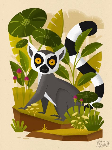 Rainforest Animals Drawings, Zoo Animals Illustration, Cute Lemur Drawing, Lemur Character Design, Lemur Character, Jungle Animals Illustration, Lemur Drawing, Lemur Illustration, Rainforest Illustration