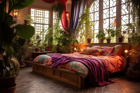 boho-bedroom-ideas-with-colours Low Platform Bed, Interior Design Bohemian, Guest Bedroom Design, Study Room Design, Boho Bedroom Ideas, Modular Kitchen Designs, Boho Chic Bedroom, Traditional Bed, Wall Decor Design