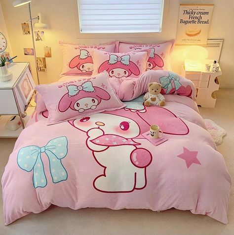 May Melody, My Melody Bedroom, Kawaii Melody, My Melody Comforter, Kawaii Bedding Full, My Melody Blanket, Kawaii Twin Bed Sheets, Kawaii Bedding Pink, Printed Bedding