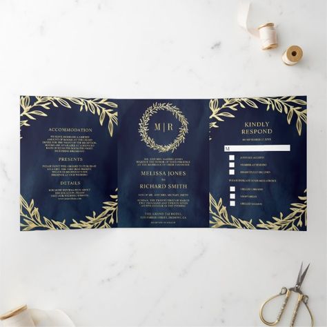 Midnight Blue Gold Leaf Branch All in One Wedding Tri-Fold Invitation Leaves Wreath, Emerald Green Weddings, Formal Wedding Invitations, Botanical Leaves, Green Wedding Invitations, Classic Wedding Invitations, Wedding Monogram, Photo Wedding Invitations, Monogram Wreath