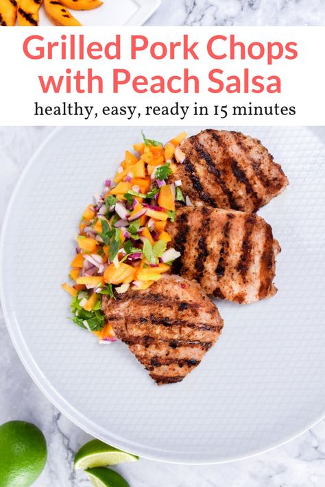 These 15 minute Grilled Pork Chops with a quick homemade spice rub and bright and fresh peach salsa make a healthy, delicious meal. This healthy recipe from Slender Kitchen has 7 Weight Watchers Freestyle SmartPoints and is gluten free, low carb, paleo and Whole30. #dinner #kidfriendly #quickandeasy Peach Pork Chops, Budget Dinner, Whole30 Dinner, Healthy Cheese, Bbq Pork Ribs, Slender Kitchen, Pork Rib Recipes, Peach Salsa, Bbq Ideas