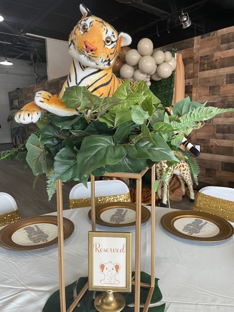 Tiger in the vines Lion Centerpiece Ideas, Lion King Centerpieces Baby Showers, Tiger Centerpieces, Tiger Baby Shower Theme, Safari Centerpieces Baby Shower Ideas, Safari Theme Centerpieces, Lion Baby Shower Theme, Christening Theme, Safari Centerpieces