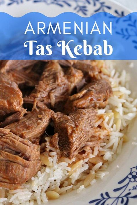 Tas Kebab is a simple spiced stewed beef with Armenian, Persian, and Turkish origins. This is my late aunt’s recipe for a family favorite! It’s ideal served over a bed of rice pilaf. #armenian #persian #turkish #beef #beefstew Turkish Beef Recipes, Armenian Dinner Recipes, Armenian Rice, Armenian Vegetarian Recipes, Armenian Eggplant Recipes, Armenian Kebab Recipe, Persian Beef Stew, Middle East Recipes, Spiced Beef