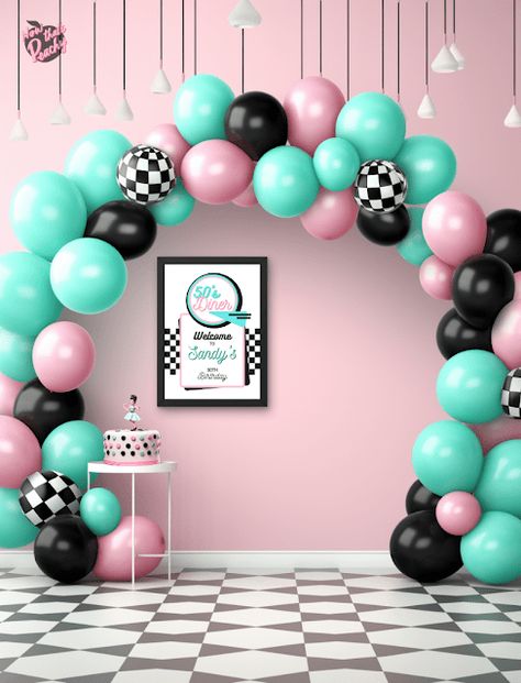 Sock Hop Party Ideas For Adults | Diner 1950s Parties Inspo | Now thats Peachy Fifties Theme Party 1950s, 50s Photo Backdrop, Diner Theme Party Food, Sock Hop Balloon Arch, 50s Party Ideas Decoration, Sock Hop Photo Booth, Sock Hop Ideas, 50s 60s Party Decorations, 50s Dance Party