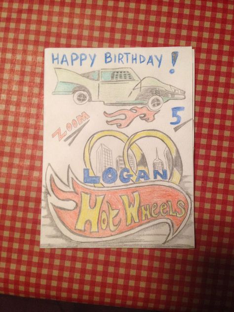 Birthday Card of Hot Wheels I made :) Hot Wheels Birthday Card, Hot Wheels Valentines Printable, Hotwheels Invitation Card, Hotwheels Illustration, Hot Wheels Illustration, Hot Wheels Birthday, Crazy Cakes, Happy Birthday, Birthday Cards