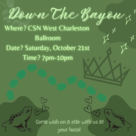 Homecoming advertisement "Down the Bayou" | CSNHS West Night In The Bayou Homecoming, Down On The Bayou Party, On The Bayou Party, Bayou Party, Prom Themes, Prom Theme, The Bayou, Princess And The Frog, Student Council