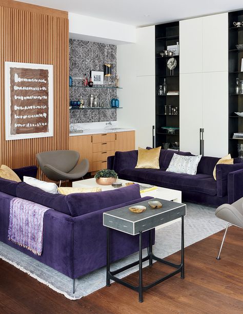 In the mostly neutral living room, a matched set of luxe purple sofas gives an infusion of color.  This Contemporary Home Masters The Global Look Purple Living Room Furniture, Blush Living Room, Consultation Room, Monochromatic Living Room, Two Sofas, Purple Furniture, Bold Living Room, Moody Living Room, Purple Living Room