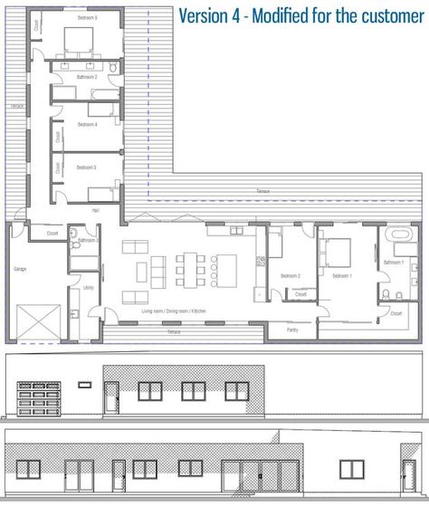 L shape, masters on opposite ends, garage in the middle House Plans With Side Garage, L Shaped House Plans, Side Garage, L Shaped House, Three Bedroom House Plan, Garage House Plans, Bungalow House Plans, Casa Container, Modern House Plan