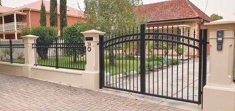 Concrete Fence Wall, Fence And Gate, Fence Wall, Concrete Fence, Front Fence, Exterior House Paint Color Combinations, Metal Fence, House Paint, House Paint Exterior